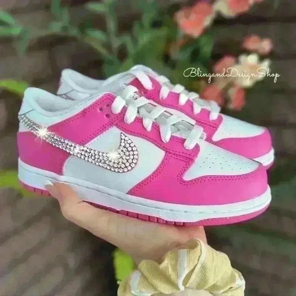 Swarovski Nike Dunk Low Pink Girls Youth Sneakers Shoes made with Clear C…